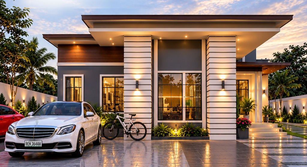 Architectural concept rendering of a modern four-bedroom bungalow in Benin City