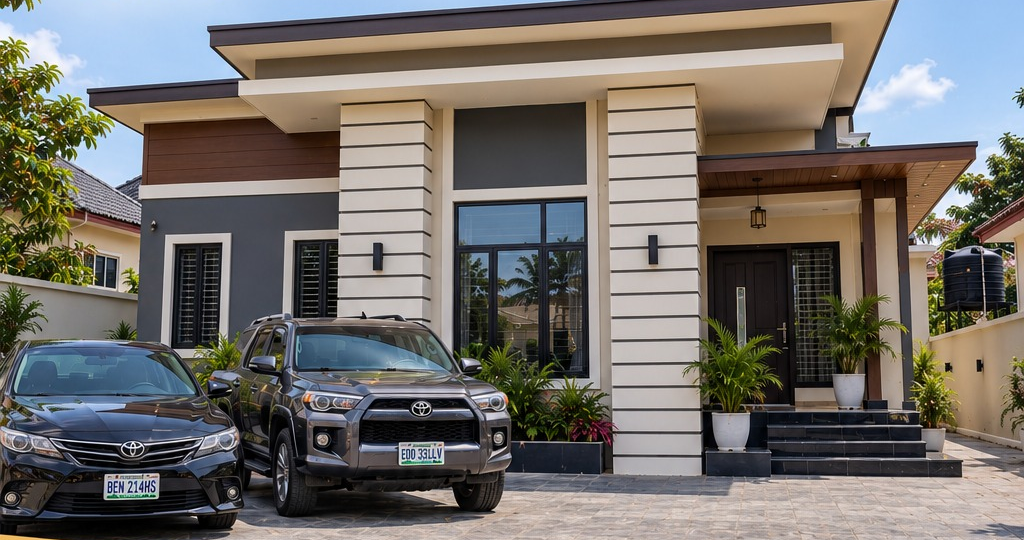 Completed modern four-bedroom bungalow with a paved courtyard