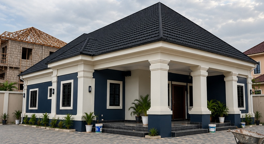 Completed navy-and-white four-bedroom bungalow with a pitched roof